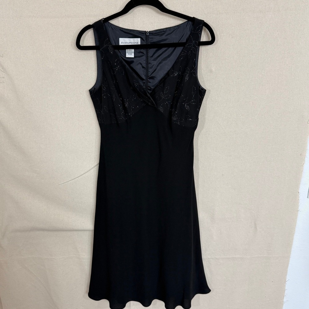 Evan-Picone Dress Womens 8 Black Sleeveless V-Neck Glitter Leaf Cocktail Sheath - Picture 2 of 8